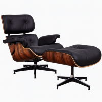 Крісло Релакс з отоманкою, чорна шкіра, колір дерева горіх