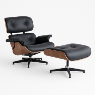 Крісло Релакс з отоманкою, чорна екошкіра, колір дерева горіх
